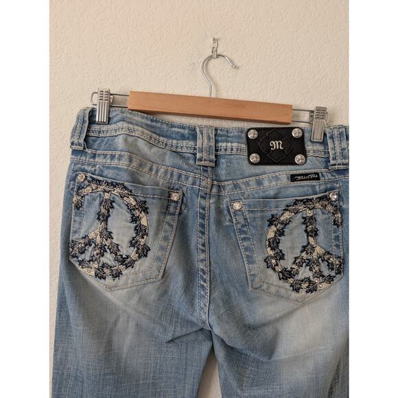 Miss Me Y2K Flared Leg Jeans "Peace Sign" Embroidered Pockets Size 28 Studded - Picture 11 of 12